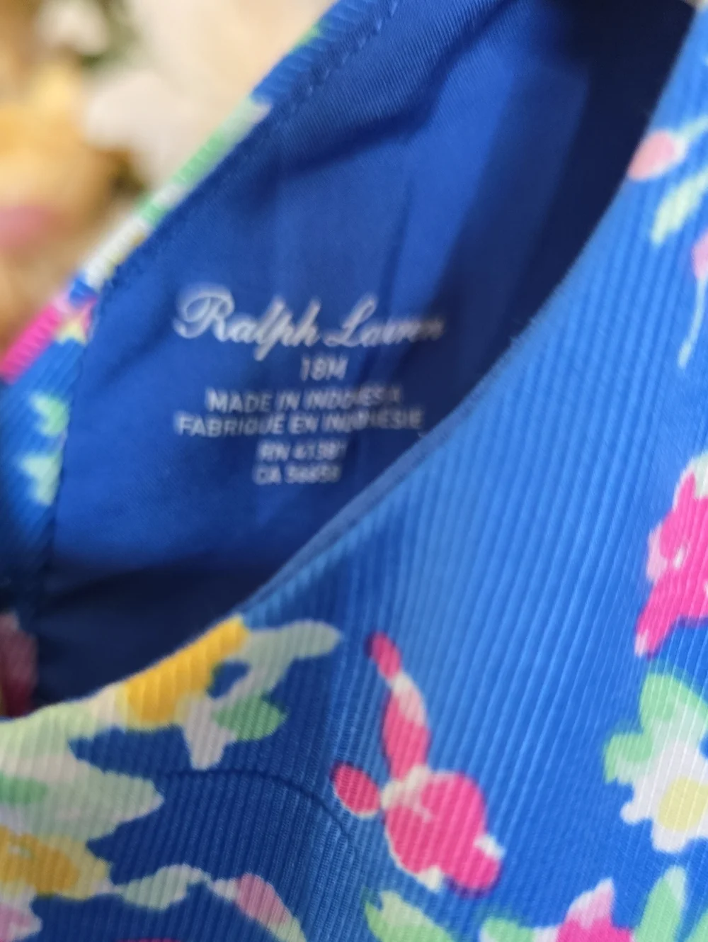 Ralph Lauren Bright Blue Floral Sundress Yellow Striped Waistband 12 18 Month